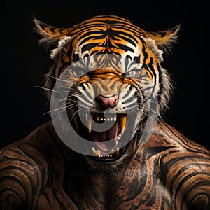 closeup of man as angry tiger face roaring on black background