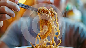 closeup of a man feasting on noodles in a restaurant