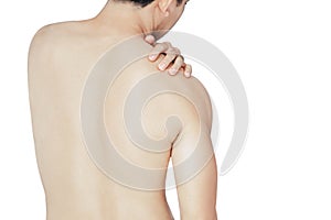 Closeup man hand holding shoulder with pain on white background, health care and medical concept