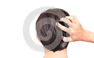 Closeup man hand itchy scalp, Hair care concept