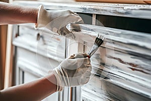 Closeup of man hands with gloves holding painting brush and painting dark kitchen cabinet into white color. Renewing