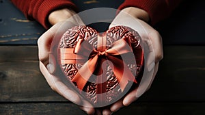 closeup man hands holding gift heart shaped box with red bow