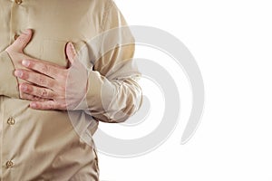 Closeup man having heart attack chest pain on white background