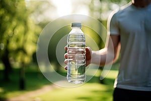 Closeup of man holding bottle of water. Background with selective focus and copy space