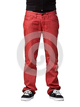 Closeup of man in jeans red pants isolated on white
