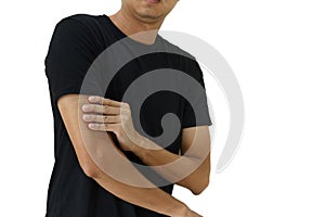 Closeup man`s arm. Arm pain and injury with white space background