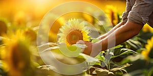 Closeup of a man\'s hand touching a sunflower in a field