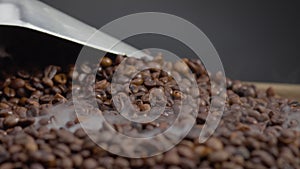 Closeup man scooping roasted coffee grains using shovel. Vapor coming over seeds