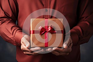 closeup man in shirt holding gift cardboard box with red bow