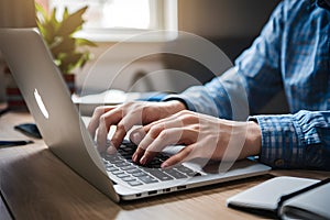 Closeup man typing on laptop keyboard, shallow depth