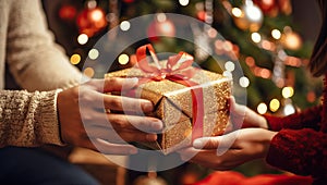 Closeup of man and woman hands holding gift box over christmas background