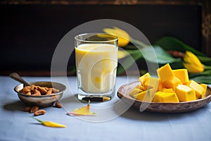 closeup of mango pieces beside lassi