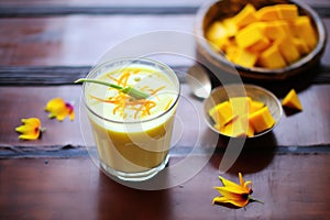 closeup of mango pieces beside lassi