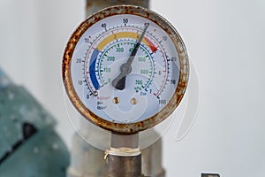 Closeup of manometer, measuring gas pressure.