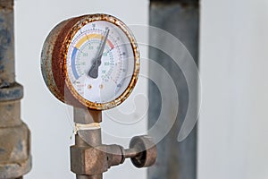 Closeup of manometer, measuring gas pressure.