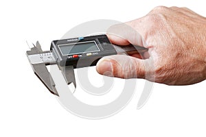 Closeup mans hand holds a electronic digital caliper