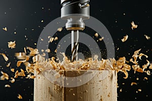 closeup of manual drill used on a softwood block, chips falling