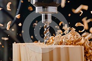 closeup of manual drill used on a softwood block, chips falling photo
