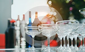 Closeup many wine and cocktail glass for party outdoor relax celebrate