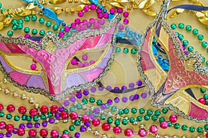 Closeup of Mardi Gras Beads and Masks