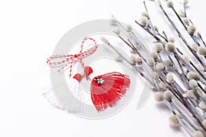 Closeup Martenitsa, Baba Marta, Martisor With Willow Twig on White Background. Traditional