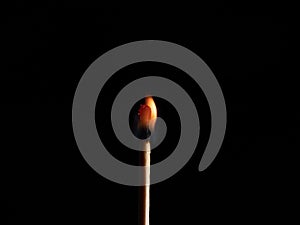 Closeup Match burning and combusting on black background. Burning match stick.