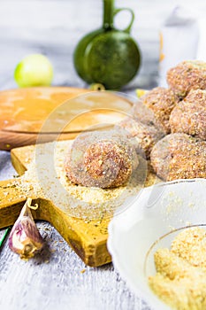 Closeup meat balls ground beef rolled breadcrumbs