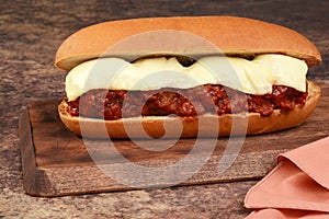 Closeup meatball sub sandwich with cheese