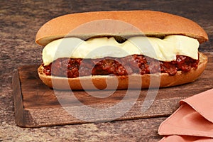 Closeup meatball sub sandwich with cheese photo