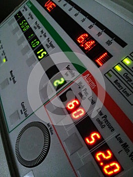 Closeup of a mechanical ventilator,s control panel