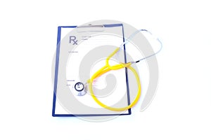 Closeup of medical stethoscope on a rx prescription, on white background