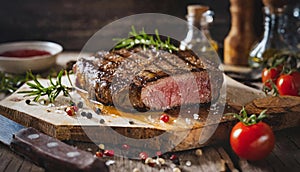 Closeup of medium grilled steak food photography