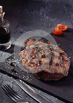 Closeup of medium rare roast beef steak
