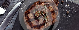 Closeup of medium rare roast beef steak, cover template for social networks