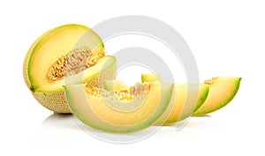 Closeup melon galia with slices isolated on white photo