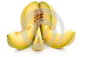 Closeup melon galia with slices isolated on white photo