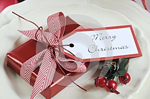 Closeup on Merry Christmas gift tag