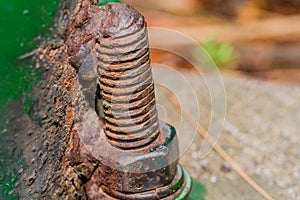 Closeup of metal bolt and nut spot