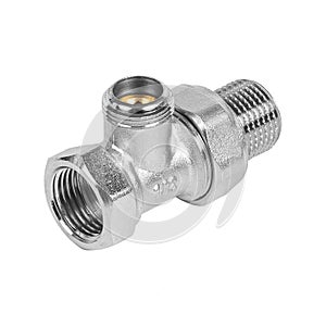Closeup of a metal pipe fitting on a white background
