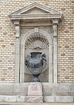 Closeup metal urn in main portion of the Varkert Bazar, Buda Castle, Hungary