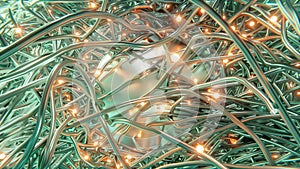 Closeup of metallic tangle of wires eminating from metallic sphere with glowing orange embers 3d rendering photo