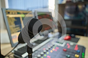 Closeup Microphone in Radio Studio Blurred Setup