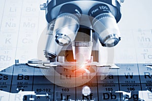 Closeup of microscope lens. science laboratory research and development concept