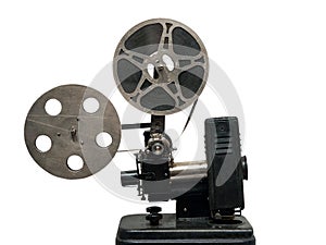A closeup of a mid-20th century movie projector