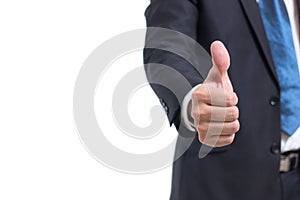 Closeup Midsection of businessman hand showing thumbs up sign against isolated on white background