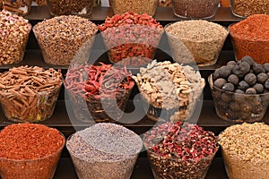 Closeup of mixed spices sold in the spices souk in Deira, Dubai - United Arab Emirates