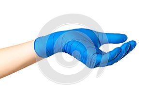 Closeup mockup of female hand in medical protective gloves isolated at white background. Showing gesture