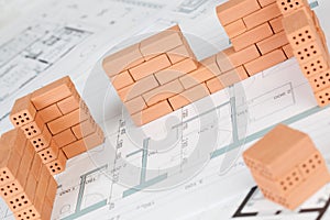 Closeup of model house construction with brick