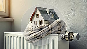 Closeup of a Model House Wrapped in a Warm Woolen Scarf on Radiator - Generative Ai