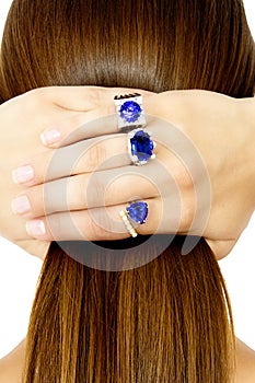 Closeup of a Model Wearing Tanzanite Designer Rings